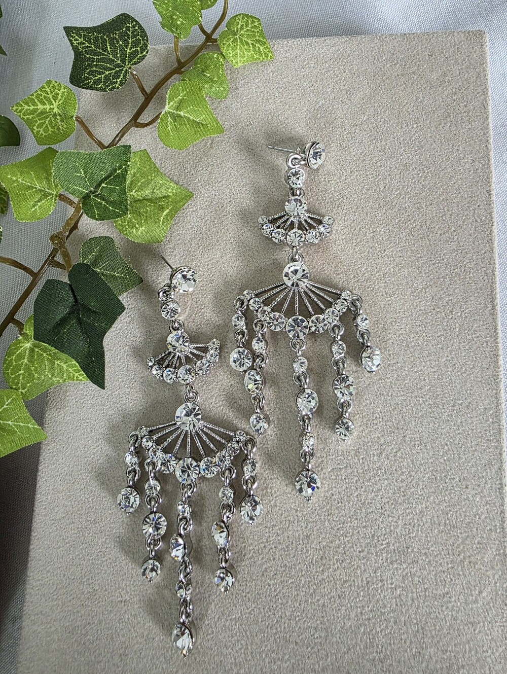 Silver and Clear Rhinestone Statement Earrings Fan Style Chandelier